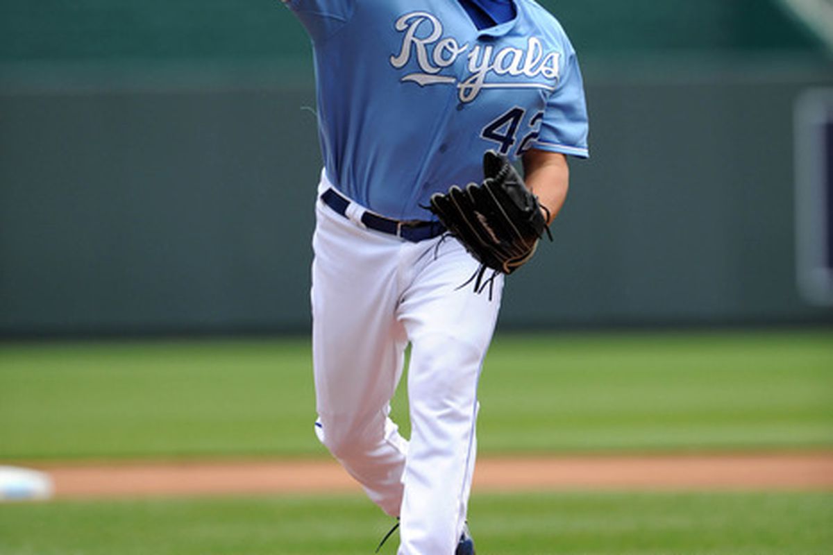 April 15, 2012; Kansas City, MO, USA; Kansas City Royals pitcher Luis Mendoza (39) delivers the pitch that leads countless RRers to contemplating suicide. Mandatory Credit: Peter G. Aiken-US PRESSWIRE