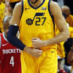 Utah Jazz center Rudy Gobert celebrates after dunking the ball during NBA basketball against the Houston Rockets in Salt Lake City on Sunday, May 6, 2018.