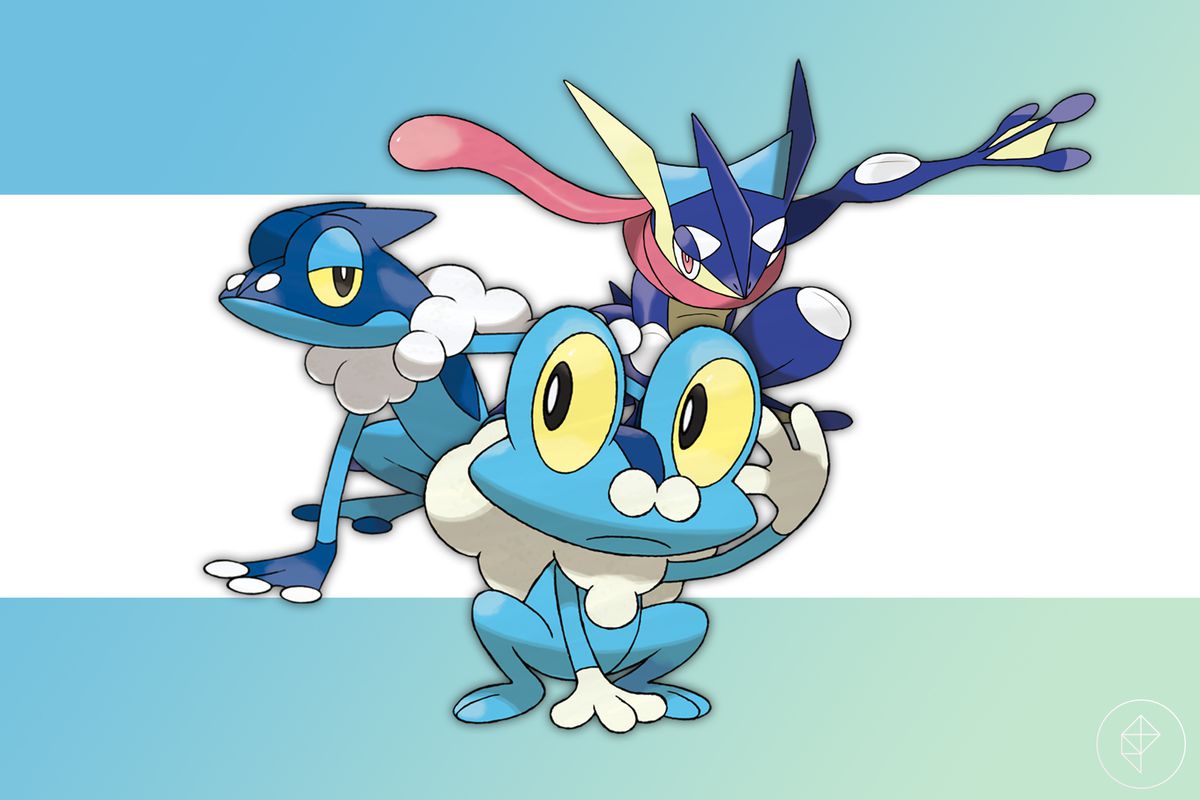 Froakie, Frogadier, and Greninja from Pokémon on a blue and green gradient background