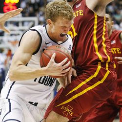BYU's Tyler Haws battles to get around Georges Niang as BYU and Iowa State play Wednesday, Nov. 20, 2013 in the Marriott Center in Provo.