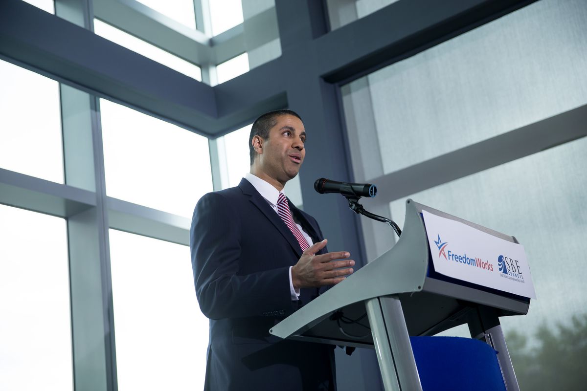 Federal Communications Commission Chairman Ajit Pai speaks during an internet regulation event at the Newseum April 26, 2017 in Washington, DC.
