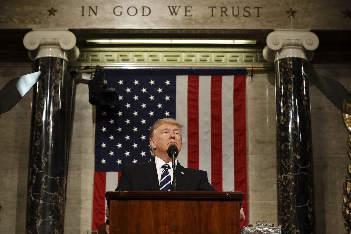 US President Donald J. Trump delivers his first address to a joint session of Congress from the floor of the House of Representatives in Washington, United States on February 28, 2017. Traditionally the first address to a joint session of Congress by a ne
