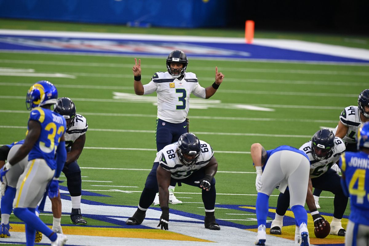 Seattle Seahawks QB Russell Wilson (3) calling signals during game vs Los Angeles Rams at SoFi Stadium.