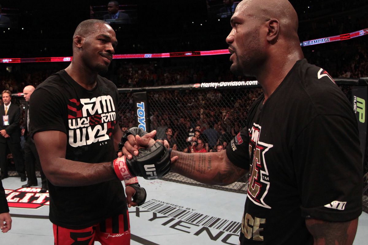 DENVER, CO - SEPTEMBER 24: (R-L) Quinton 'Rampage' Jackson congratulates Jon Jones on his victory during the UFC 135 event at the Pepsi Center on September 24, 2011 in Denver, Colorado. (Photo by Jed Jacobsohn/Zuffa LLC/Zuffa LLC)