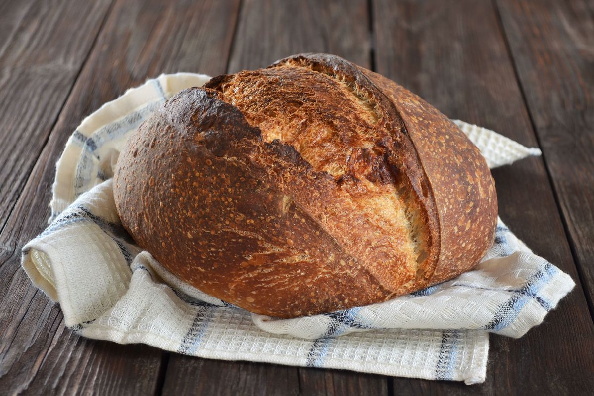 未切割的面包在一条白色方格的毛巾的酸面包面包。