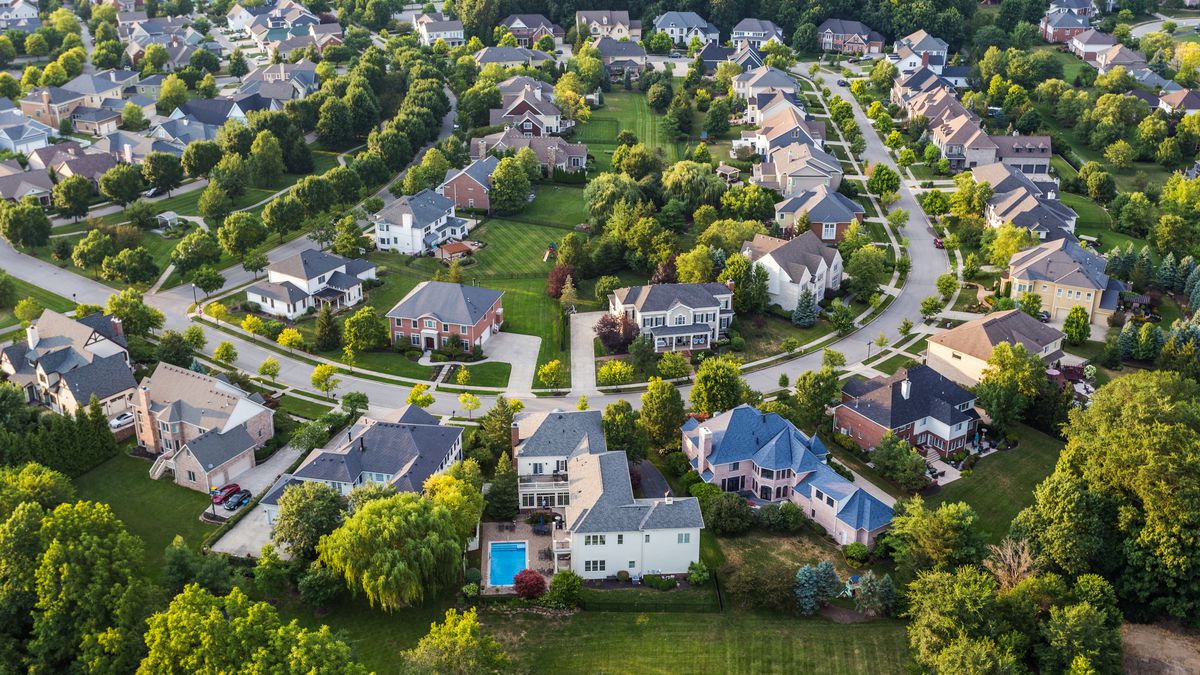 An aerial view of a suburban housing tract.