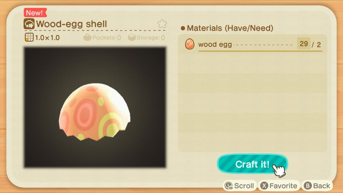 A crafting screen in Animal Crossing showing how to make a Wood-Egg Shell