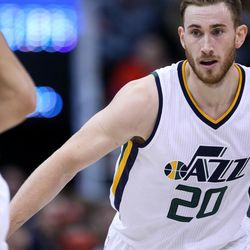 Utah Jazz forward Gordon Hayward (20) moves down court during the game against the Houston Rockets at Vivint Smart Home Arena in Salt Lake City on Tuesday, Nov. 29, 2016.