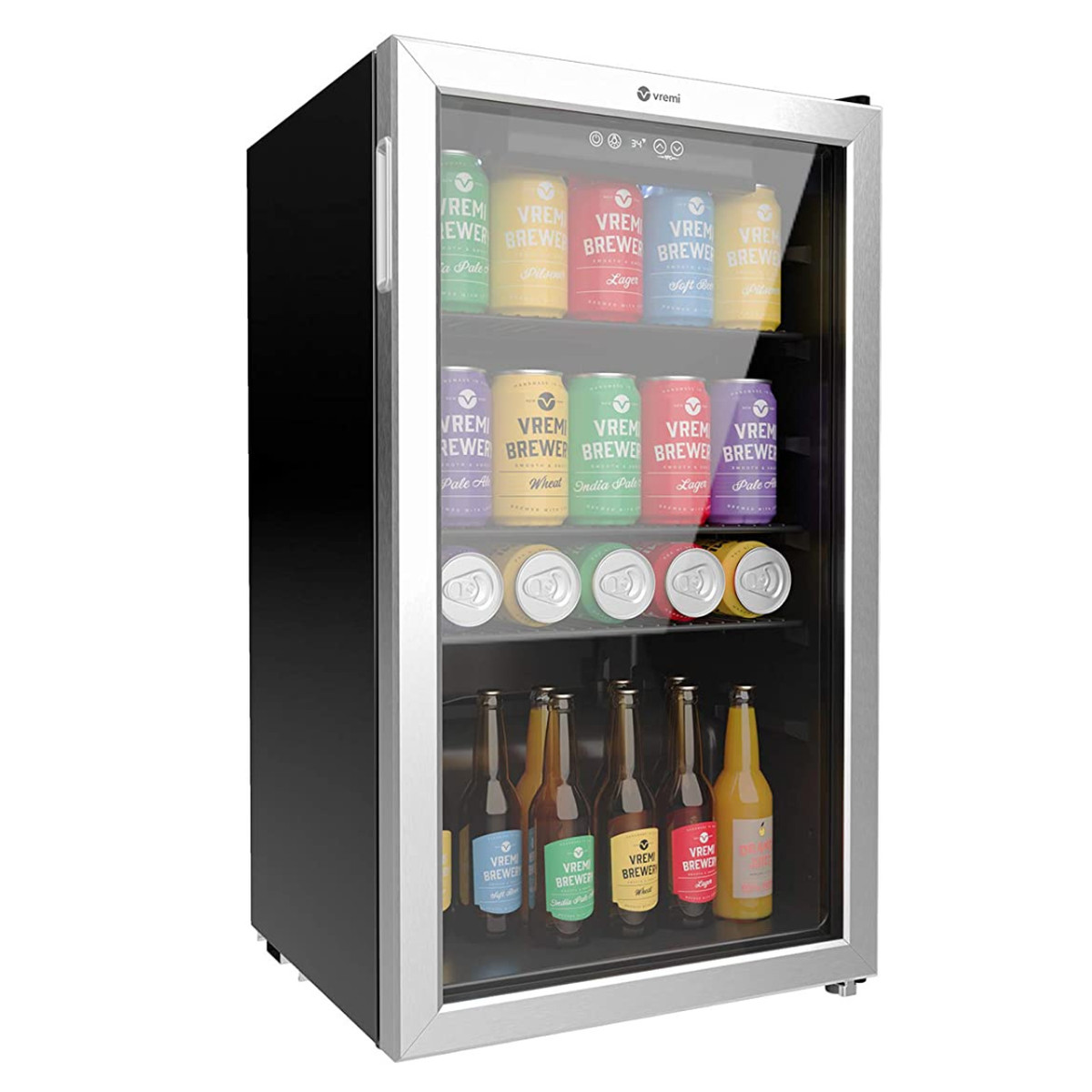 Vremi beverage refrigerator and cooler full of drinks and snacks.