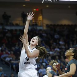 Brigham Young Cougars forward Amanda Wayment (4) shoots on Pepperdine Waves during the WCC tournament in Las Vegas Friday, March 4, 2016. BYU won 72-59. 