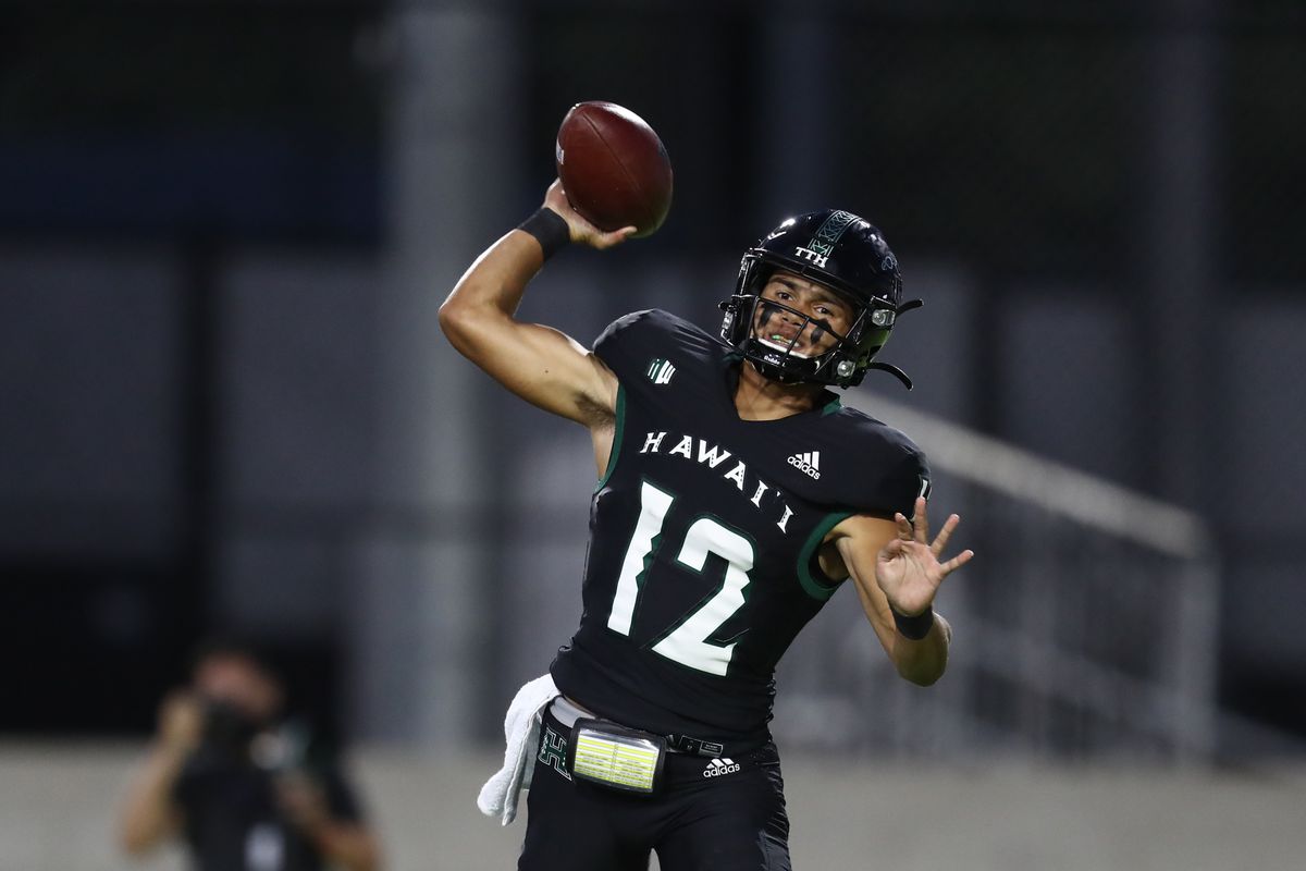 Chevan Cordeiro of the Hawaii Rainbow Warriors fires a pass downfield during the first half of the game against the San Jose State Spartans at the Clarance T.C. Ching Complex on September 18, 2021 in Honolulu, Hawaii.