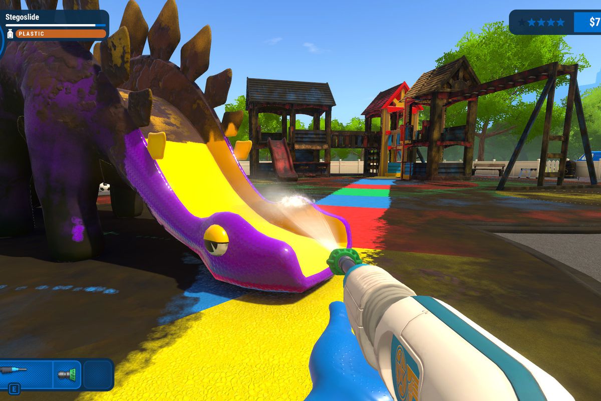 An image of a power washing gun being pointed at a playground slide. Most of the playground is covered in grime, but there’s a strip of the slide that has been cleaned with water.