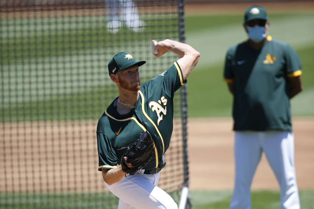 A.J. Puk of the Oakland Athletics pitches during summer workouts at RingCentral Coliseum on July 8, 2020 in Oakland, California.