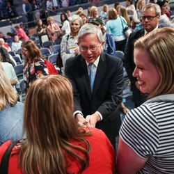 Elder Gerrit W. Gong, of the Quorum of the Twelve Apostles of the LDS Church, greets attendees after speaking at the BYU Women's Conference at the Marriott Center in Provo on Friday, May 4, 2018.