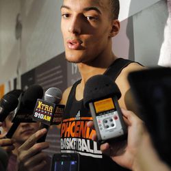 Phoenix Suns draft prospect Rudy Gobert, of France, speaks with the media, Wednesday, June 5, 2013, in Phoenix.