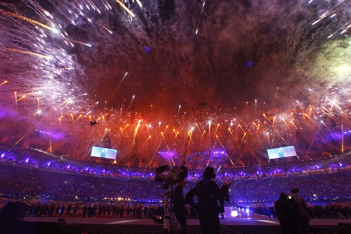 Aug 12, 2012; London, United Kingdom; Fireworks explode above Olympic Stadium during the closing ceremonies of the London 2012 Olympic Games. Mandatory Credit: Rob Schumacher-USA TODAY Sports