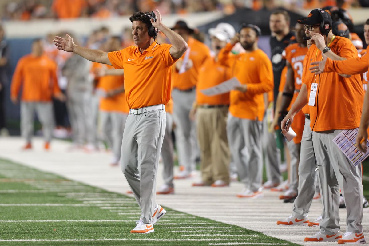 Sep 16, 2023; Stillwater, Oklahoma, USA; Oklahoma State coach Mike Gundy gestures during an NCAA football game between Oklahoma State and South Alabama at Boone Pickens Stadium. South Alabama won 33-7.