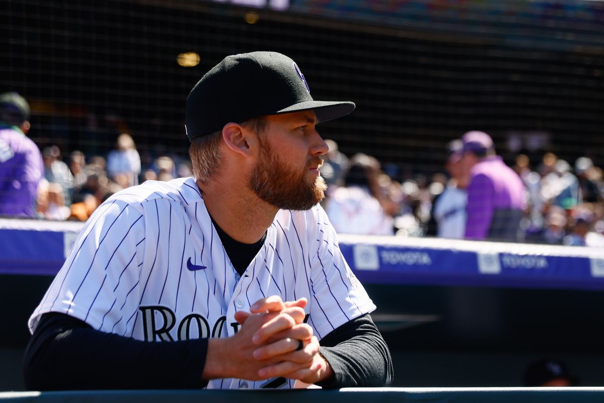 Daniel Bard of the Colorado Rockies looks on before a game against the Washington Nationals on Opening Day at Coors Field on April 6, 2023 in Denver, Colorado.