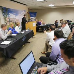 Officials at Ogden's McKay-Dee Hospital Center and family of James Evans talk at a press conference Monday, June 17, 2013. Police say James Evans was shot in the head by Charles Richard Jennings Jr. while attending Mass at St. James Catholic Church in Ogden.
