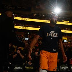 Utah Jazz center Rudy Gobert takes the court ahead of an NBA game against Portland Trail Blazers at Vivint Arena in Salt Lake City on Monday, Nov. 29, 2021.
