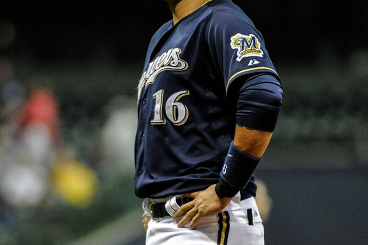 May 11, 2012; Milwaukee, WI, USA;  Milwaukee Brewers third baseman Aramis Ramirez (16) takes a breath after grounding out with the bases loaded in the fifth inning against the Chicago Cubs at Miller Park.  Mandatory Credit: Benny Sieu-US PRESSWIRE