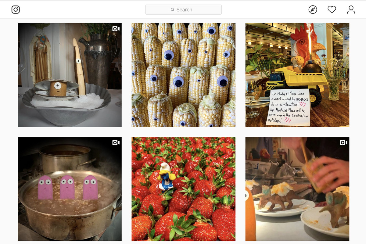 Montreal Plaza’s Instagram grid includes a photo of corn with googly eyes, a Smurfette figurine in a pile of strawberries, a teddy bear in the bed of a Tonka truck, plastic dinosaurs on dinner plates, pink claymation figures in a pot of boiling water, and