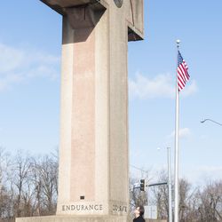 Roy Speckhardt, executive director of the American Humanist Association, looks up from the base of the 40-foot Maryland Peace Cross dedicated to World War I soldiers on Wednesday, Feb. 13, 2019, in Bladensburg, Md.