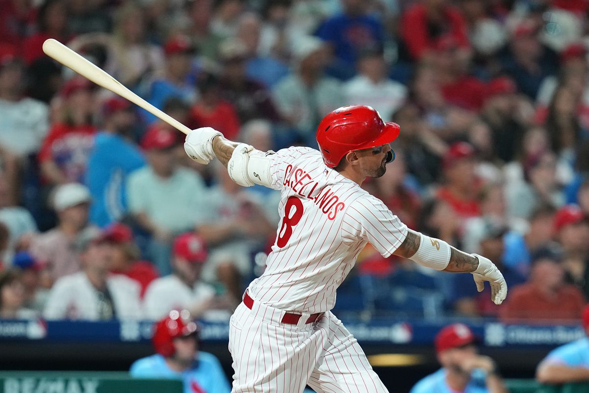 Nick Castellanos of the Philadelphia Phillies hits a three run home run in the bottom of seventh inning against the St. Louis Cardinals at Citizens Bank Park on August 26, 2023 in Philadelphia, Pennsylvania. The Phillies defeated the Cardinals 12-1.