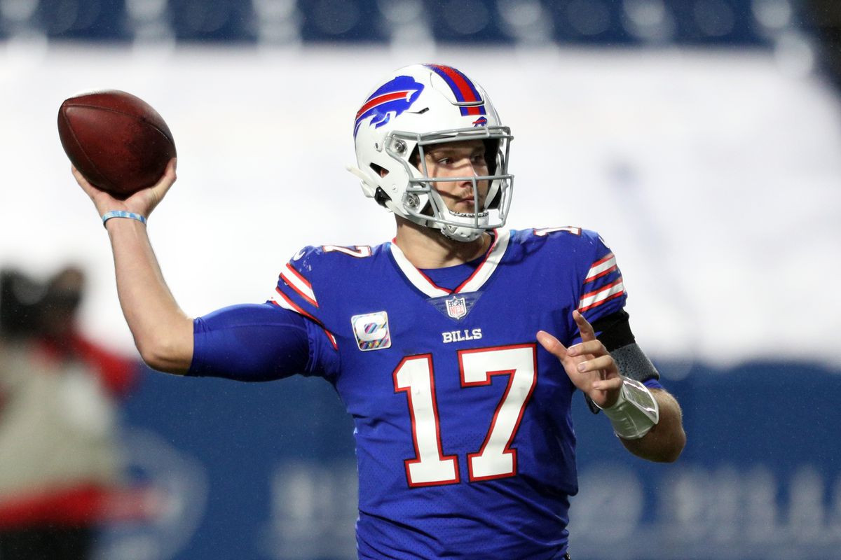 Josh Allen of the Buffalo Bills attempts a pass against the Kansas City Chiefs during the second half at Bills Stadium on October 19, 2020 in Orchard Park, New York.