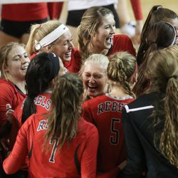 UNLV players celebrate their win over Utah in an NCAA first round match at Smith Fieldhouse in Provo on Friday, Dec. 2, 2016.