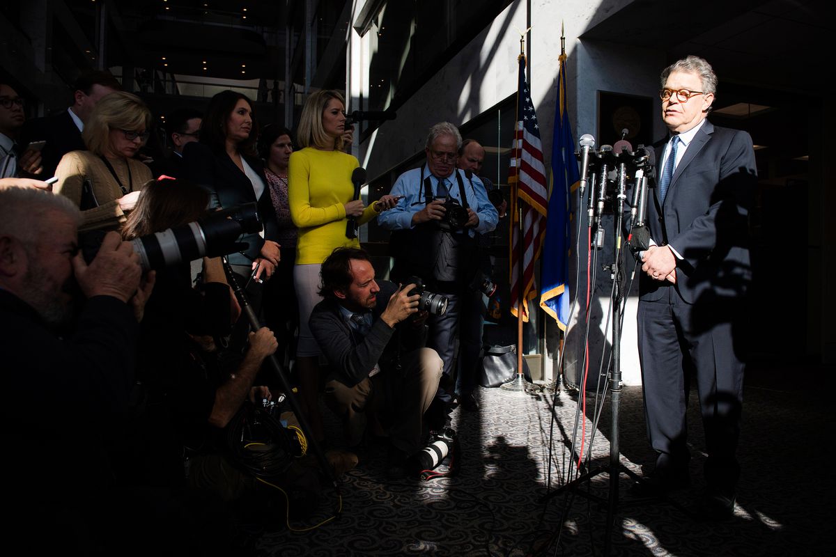 US Senator Al Franken (D-MN) speaks outside his office on Capitol Hill as he faced pressure to step down amid charges of sexual harassment on November 27, 2017.