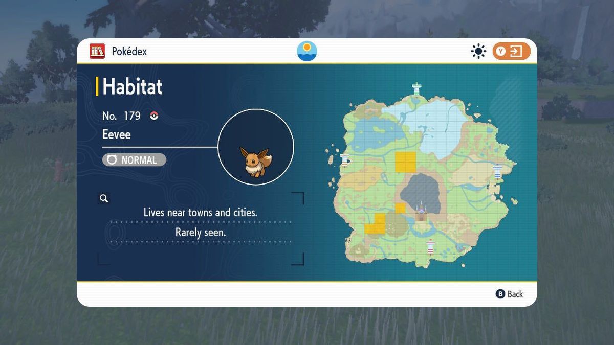 An image of a map from the Pokédex entry for Eevee in Pokémon Scarlet. The screen is titled “habitat” and it highlights three regions in yellow: West Province (Area 3), the route leading to the Pokémon League, and South Province (Area Two).