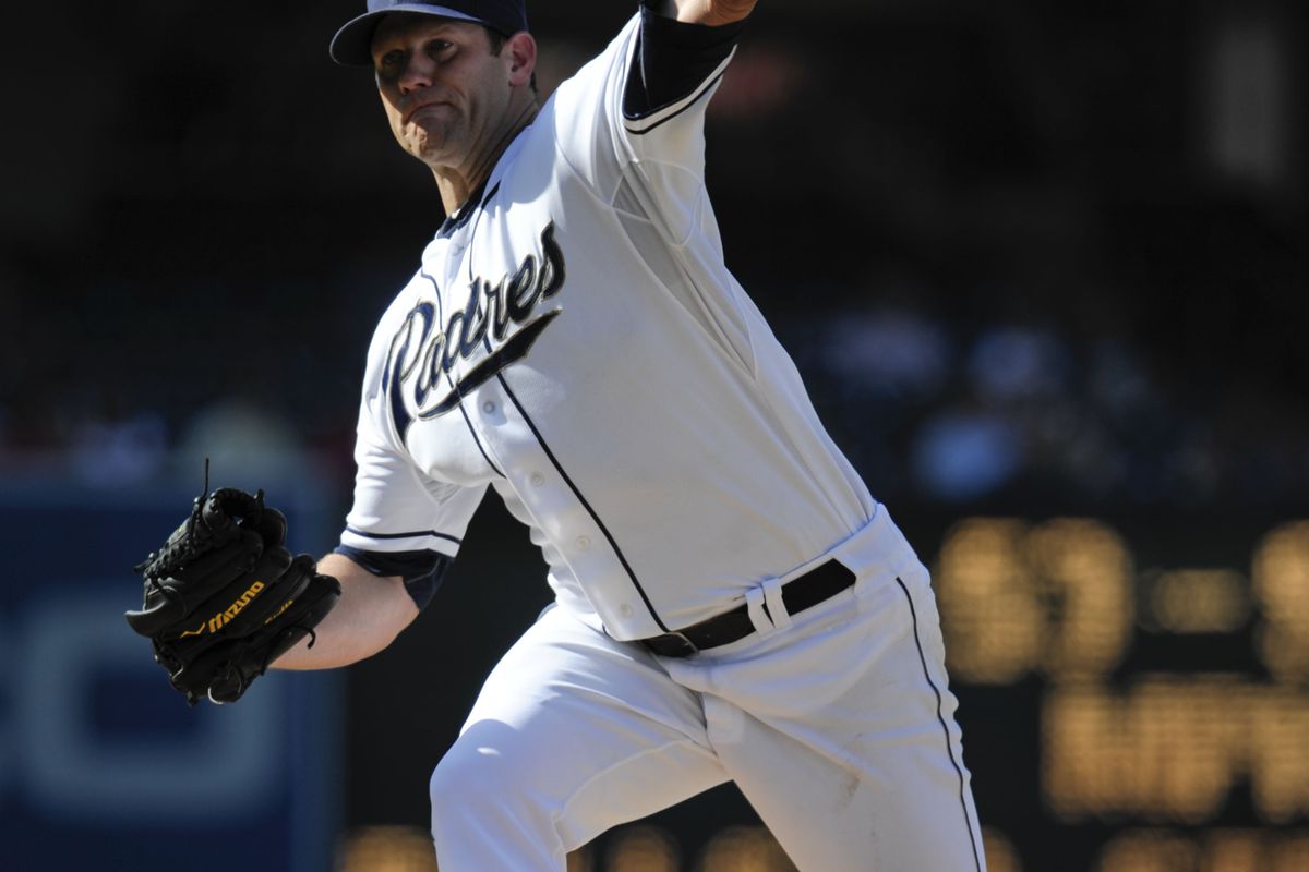 SAN DIEGO, CA - AUGUST 29:  Eric Stults #53 of the San Diego Padres pitches during the third inning of a baseball game against the Atlanta Braves at Petco Park on August 29, 2012 in San Diego, California.   (Photo by Denis Poroy/Getty Images)