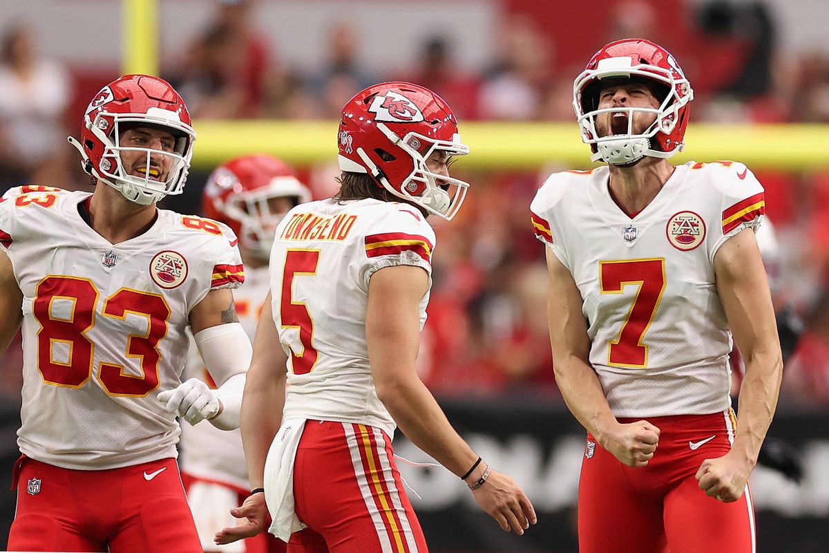 Place kicker Harrison Butker #7 of the Kansas City Chiefs celebrates after kicking a 54-yard field goal against the Arizona Cardinals during the first half of the NFL game at State Farm Stadium on September 11, 2022 in Glendale, Arizona. . The Chiefs defeated the Cardinals 44-21.