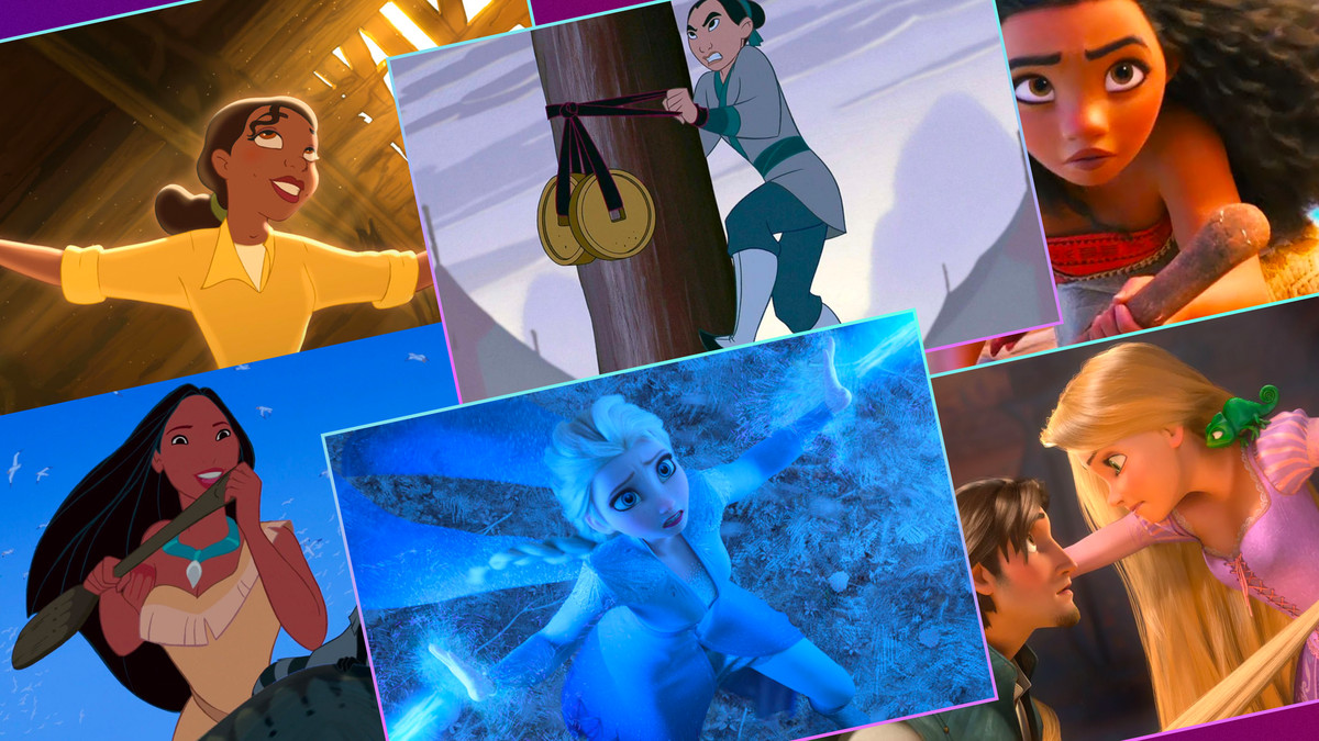 A six-panel grid collage of Disney Princesses, featuring Tiana singing in an empty warehouse, Mulan climbing the pole, Moana on her boat, Pocahontas on her canoe, Elsa wielding her ice powers, and Rapunzel holding Flynn captive. 