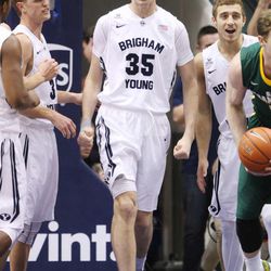 Brigham Young Cougars forward Isaac Neilson (35) cheers after a big play in Provo  Thursday, Jan. 29, 2015.  BYU won 78-74.
