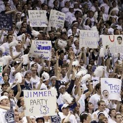 BYU fans show the support for Cougars guard Jimmer Fredette during the second half of an NCAA college basketball game against Utah, Saturday, Feb. 12, 2011, in Provo, Utah. Fredette scored 23 points in No. 7 BYU's 72-59 win. (AP Photo/Colin E Braley)