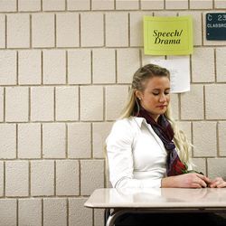 Lauren Oswald from Woods Cross High School waits to perform for judges during the Sterling Scholar preliminary judging at Northridge High School in Layton on Wednesday.
