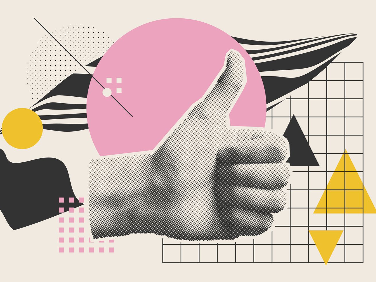 A collage-style image with a black-and-white photograph of a thumbs up surrounded by geometric shapes, like a grid, black and yellow triangles, pink and yellow circles, and black and white stripes.