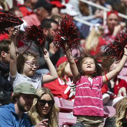 Utah Utes fans dance during the Red-White game at Rice-Eccles Stadium in Salt Lake City on Saturday, April 13, 2019.