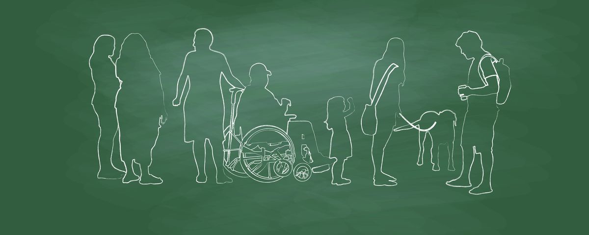 A chalk board with silhouettes of differently abled students. 
