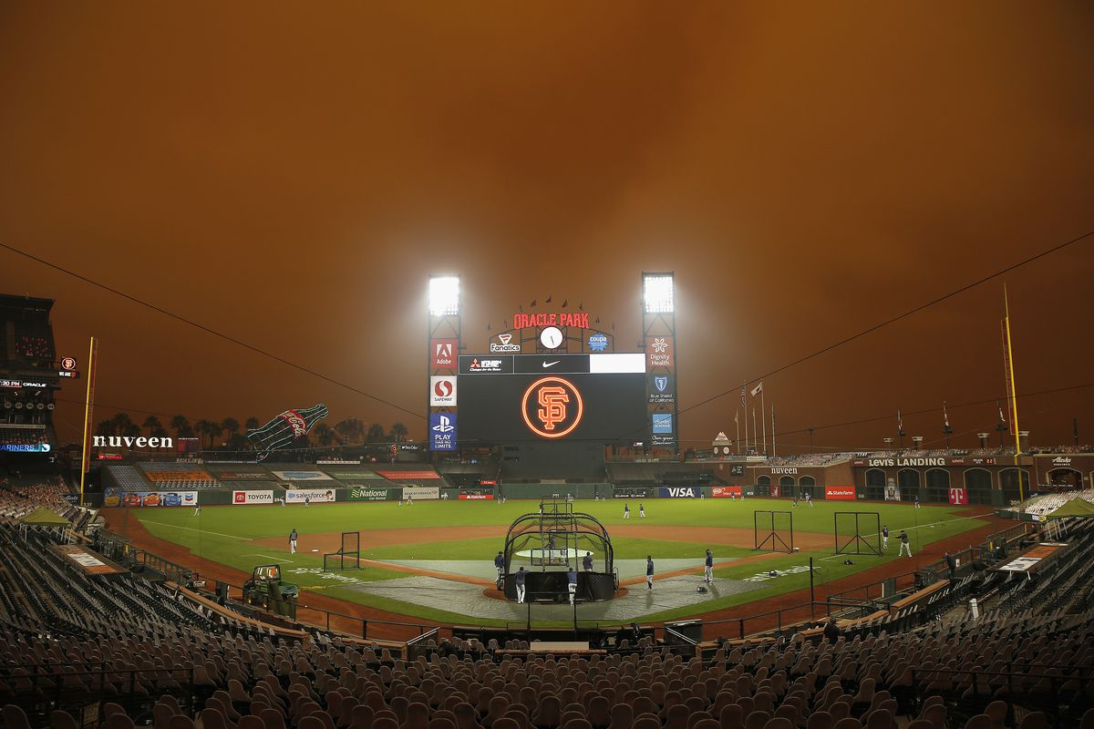 Oracle Park empty with smoky skies