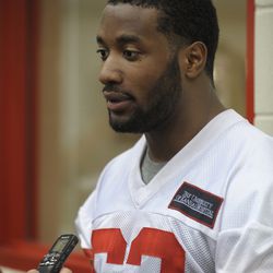 Kansas City Chiefs linebacker/defensive end Josh Martin (62) speaks to media after the rookie mini camp at the University of Kansas Hospital Training Complex.