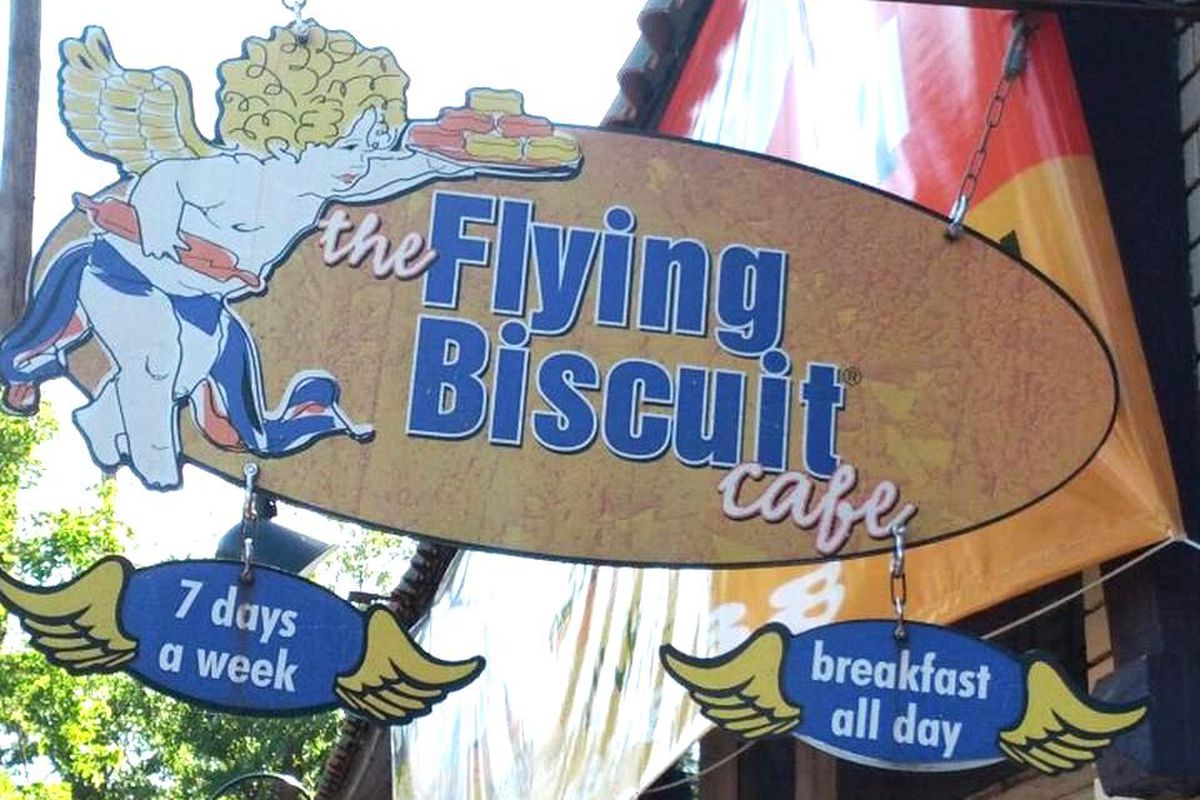 Signage for The Flying Biscuit Cafe in Candler Park.