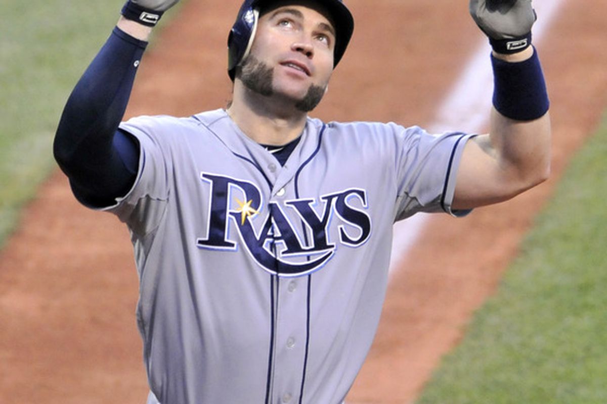 Jul 6, 2012; Cleveland, OH, USA; Tampa Bay Rays designated hitter Luke Scott (30) celebrates his two-run home run in the fifth inning against the Cleveland Indians at Progressive Field. Mandatory Credit: David Richard-US PRESSWIRE