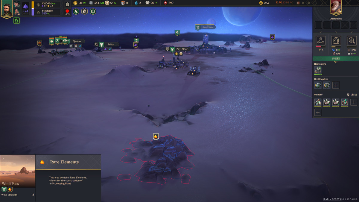 A screenshot of Dune: Spice Wars showing a region of desert containing rare elements, indicated by a yellow stone marker