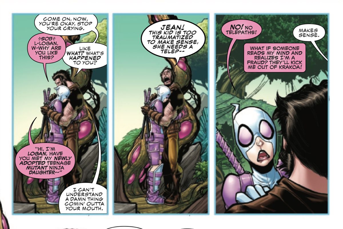 Gwenpool embraces Wolverine, who welcomes her as the newest child of Krakoa, in Gwenpool Strikes Back #5, Marvel Comics (2019). 