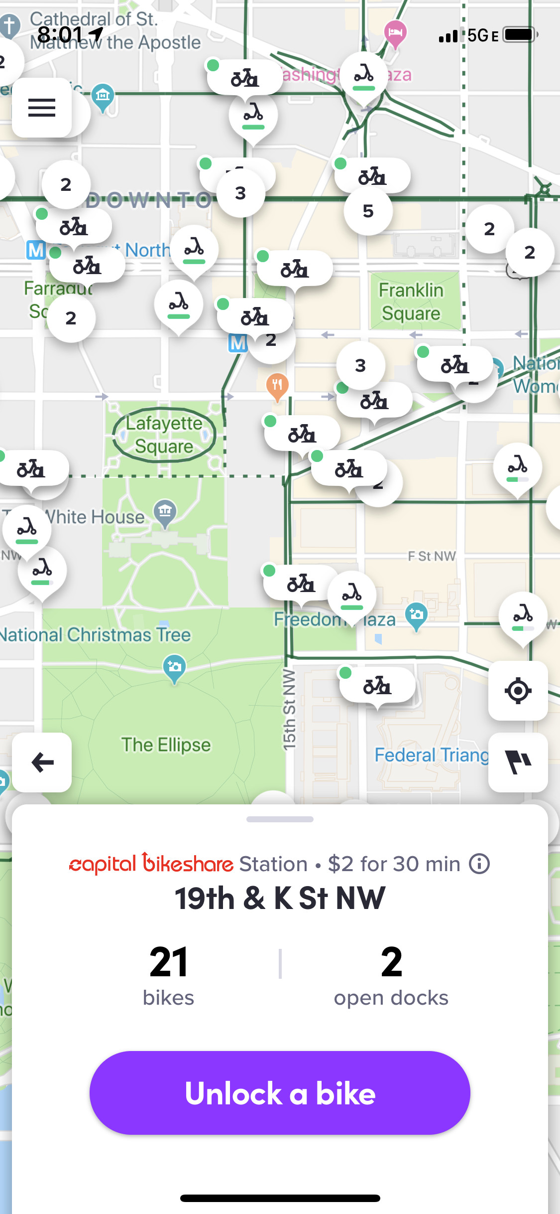Screenshot of Lyft’s app showing available scooters and bikes near the White House.