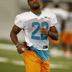 Jul 22, 2013; Davie, FL, USA; Miami Dolphins cornerback Jamar Taylor (22) during  training camp at the Doctors Hospital Training Facility at Nova Southeastern University.
