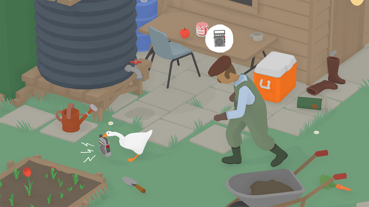A farmer chasing a goose holding a radio in Untitled Goose Game